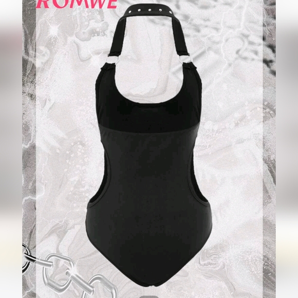 ROMWE PUNK Halloween & Letter Graphic Beaded Cutout Halter Bodysuit skull - Picture 2 of 5